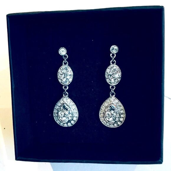 GIVENCHY PAVE SILVER TONE LINEAR TEARDROP EARRINGS - Picture 1 of 5